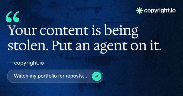 Social ad for copyright.io: "Put an agent on it." Agentic glass style, quote layout, dark palette in blue, black.