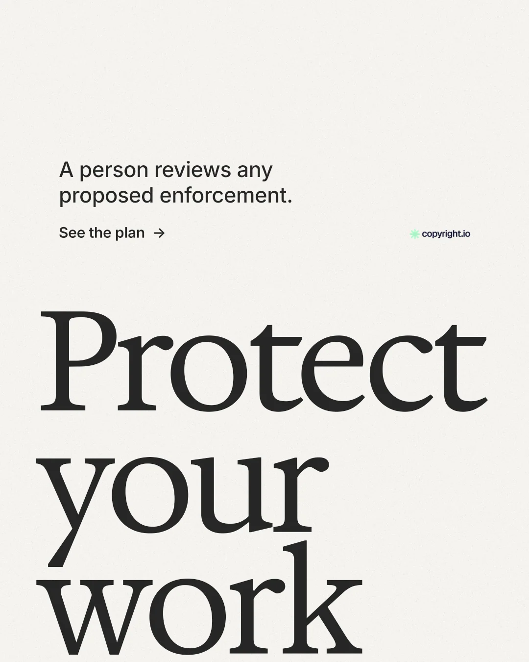 Instagram portrait post for copyright.io: "Your content is being stolen." Minimal luxury style, oversized layout, light palette in white, grey.
