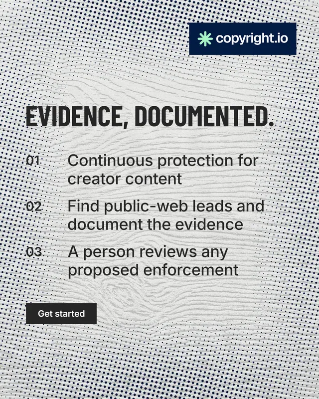 Instagram portrait post for copyright.io: "Evidence, documented." Retro print style, numbered layout, light palette in grey, white.