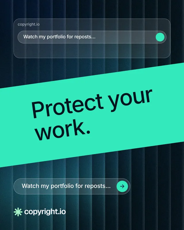 Instagram portrait post for copyright.io: "Protect your work." Agentic glass style, diagonal layout, dark palette in blue, black, teal.