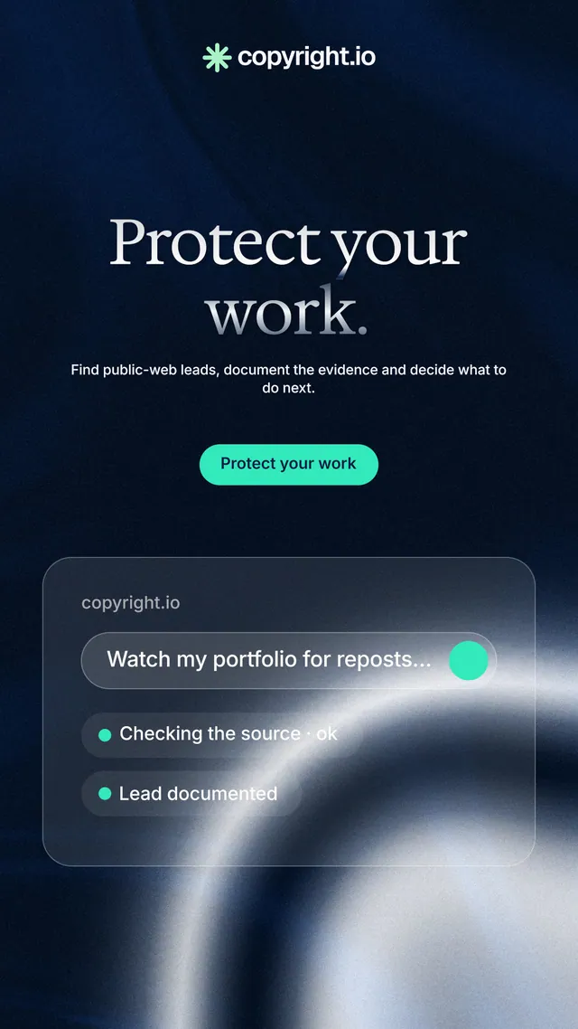 Instagram story for copyright.io: "Protect your work." Y2K style, centred layout, dark palette in blue, grey, black.