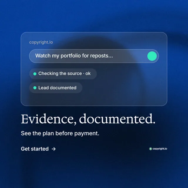 Instagram post for copyright.io: "Evidence, documented." Minimal luxury style, bottom layout, dark palette in blue, black.