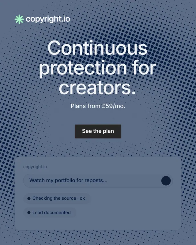 Instagram portrait post for copyright.io: "Continuous protection for creators." Split block style, centred layout, dark palette in blue, grey.