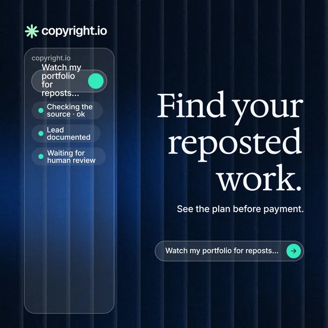 Instagram post for copyright.io: "Find your reposted work." Agentic glass style, right layout, dark palette in black, blue.