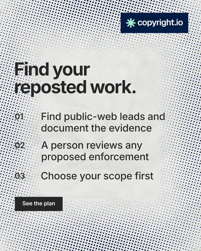 Instagram portrait post for copyright.io: "Find your reposted work." Swiss style, numbered layout, light palette in grey, white.