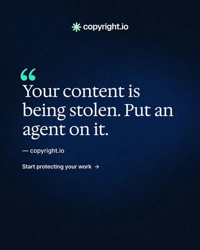 Instagram portrait post for copyright.io: "Protect your work." Minimal luxury style, quote layout, dark palette in black, blue.