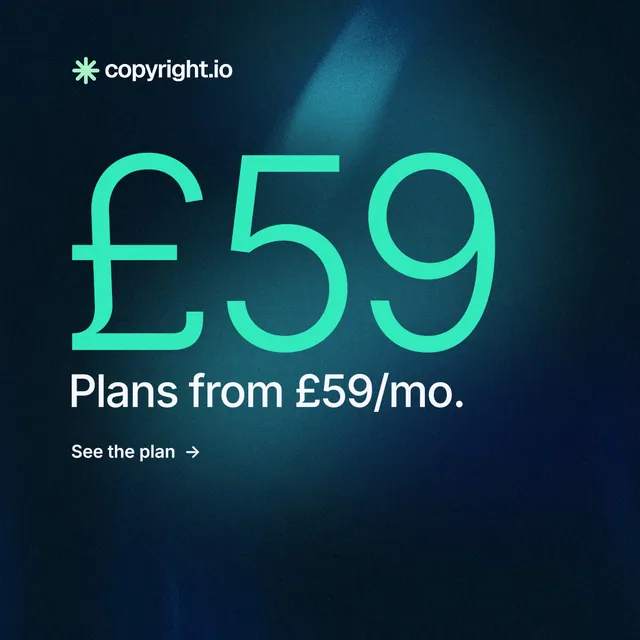 Instagram post for copyright.io: "Your content is being stolen." Minimal luxury style, stat layout, dark palette in blue, black, teal.