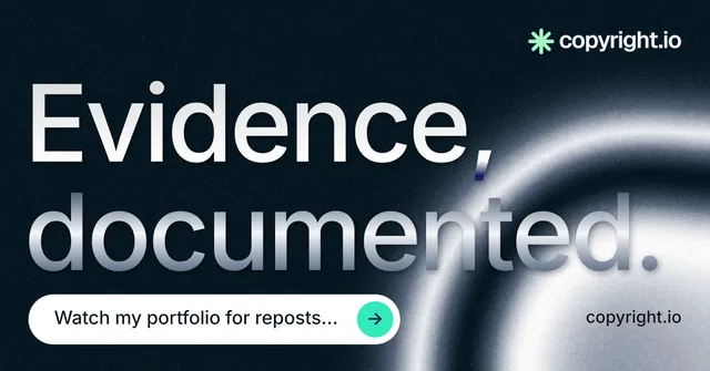 Social ad for copyright.io: "Evidence, documented." Agentic glass style, poster layout, dark palette in black, white, grey.