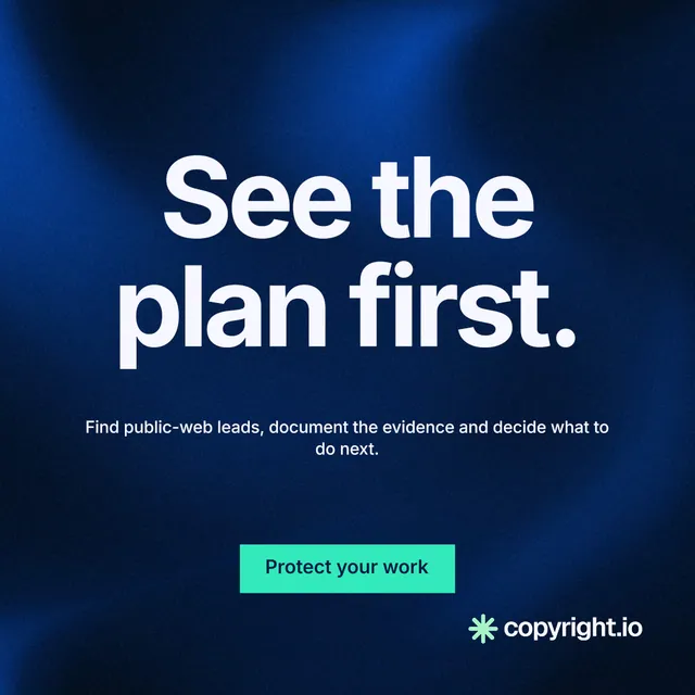 Instagram post for copyright.io: "See the plan first." Swiss style, centred layout, dark palette in blue, black.