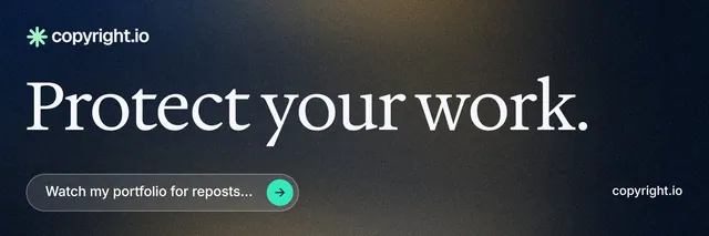 X header for copyright.io: "Protect your work." Agentic glass style, poster layout, dark palette in black, blue, grey.