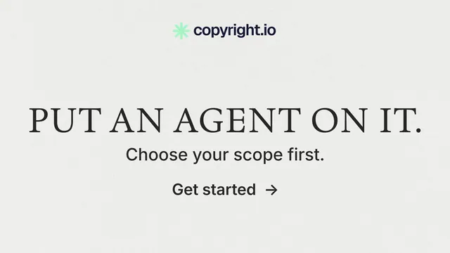 Landscape graphic for copyright.io: "Put an agent on it." Minimal luxury style, skeleton layout, light palette in white.