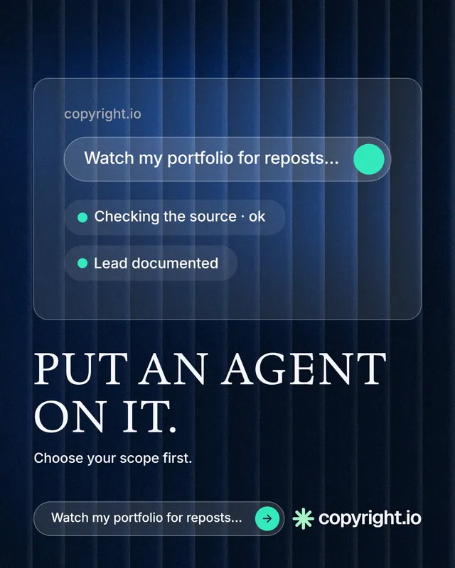 Instagram portrait post for copyright.io: "Put an agent on it." Agentic glass style, bottom layout, dark palette in blue, black.
