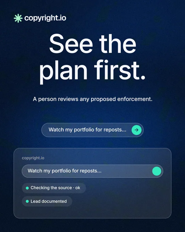 Instagram portrait post for copyright.io: "See the plan first." Agentic glass style, centred layout, dark palette in blue, black.