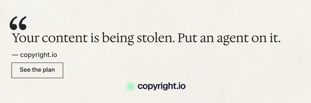 X header for copyright.io: "Reposts don't remove themselves." Editorial style, quote layout, light palette in white, grey.