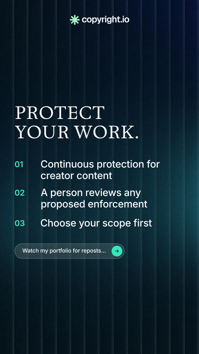 Instagram story for copyright.io: "Protect your work." Agentic glass style, numbered layout, dark palette in black, blue.