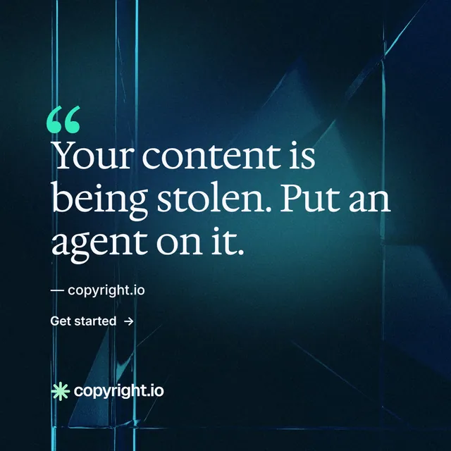 Instagram post for copyright.io: "Your content is being stolen." Minimal luxury style, quote layout, dark palette in blue, black.