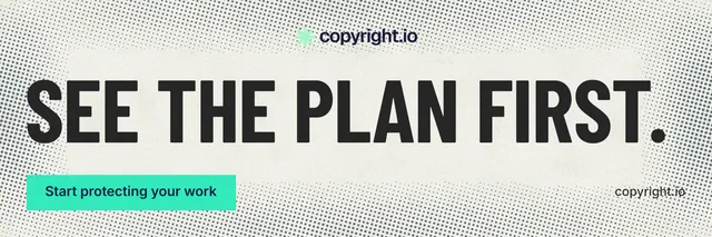 X header for copyright.io: "See the plan first." Retro print style, poster layout, light palette in white, yellow, grey.