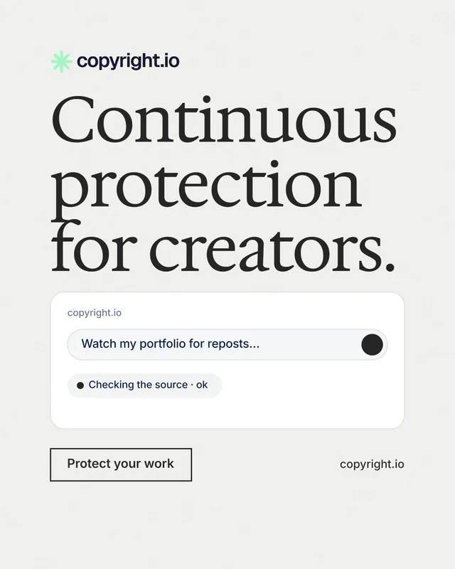 Instagram portrait post for copyright.io: "Continuous protection for creators." Editorial style, poster layout, light palette in white, grey.