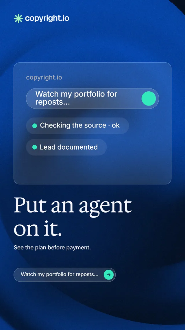 Instagram story for copyright.io: "Put an agent on it." Agentic glass style, bottom layout, dark palette in black, blue.