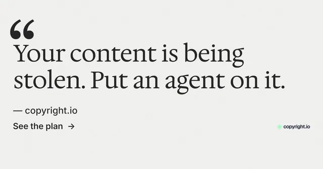 Social ad for copyright.io: "Reposts don't remove themselves." Minimal luxury style, quote layout, light palette in white.