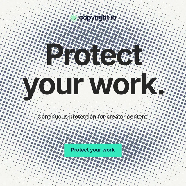 Instagram post for copyright.io: "Protect your work." Swiss style, centred layout, light palette in grey, white.