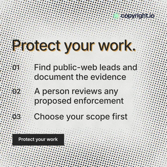 Instagram post for copyright.io: "Protect your work." Swiss style, numbered layout, light palette in grey, white.