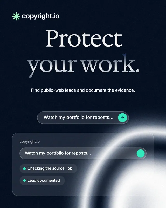 Instagram portrait post for copyright.io: "Protect your work." Agentic glass style, centred layout, dark palette in black, blue, grey.