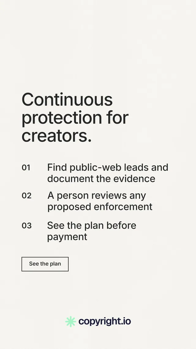 Instagram story for copyright.io: "Continuous protection for creators." Editorial style, numbered layout, light palette in white, grey.