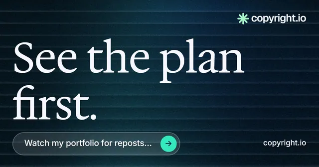 Social ad for copyright.io: "See the plan first." Agentic glass style, poster layout, dark palette in black, blue, grey.