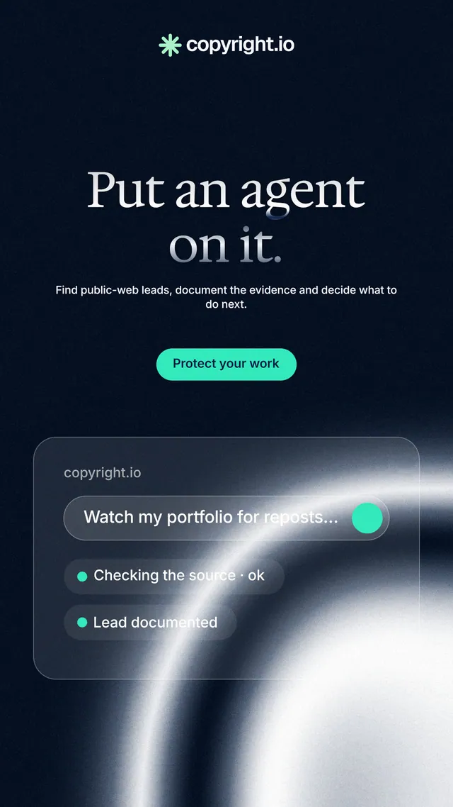 Instagram story for copyright.io: "Put an agent on it." Y2K style, centred layout, dark palette in black, blue, grey.