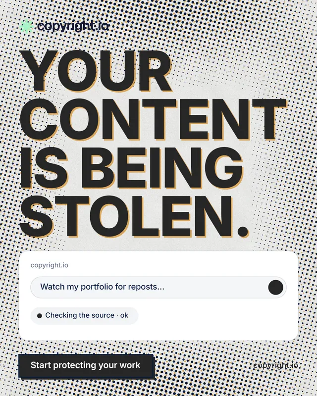 Instagram portrait post for copyright.io: "Your content is being stolen." Brutalist style, poster layout, light palette in grey, white.
