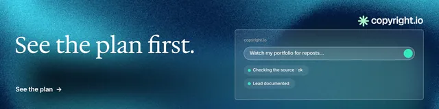 LinkedIn banner for copyright.io: "See the plan first." Minimal luxury style, bottom layout, dark palette in blue, teal.