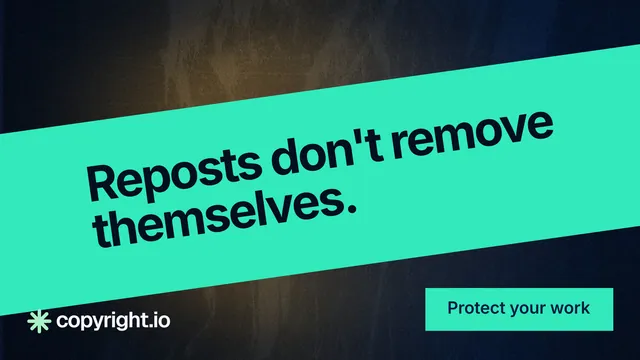 Landscape graphic for copyright.io: "Reposts don't remove themselves." Swiss style, diagonal layout, dark palette in teal, black.