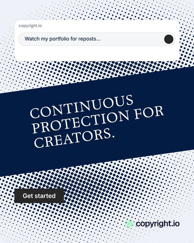 Instagram portrait post for copyright.io: "Continuous protection for creators." Split block style, diagonal layout, light palette in blue, white, grey.