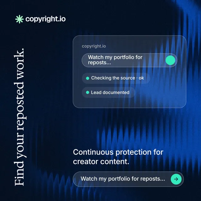 Instagram post for copyright.io: "Find your reposted work." Agentic glass style, vertical layout, dark palette in blue, black.