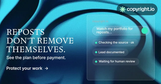 Social ad for copyright.io: "Reposts don't remove themselves." Minimal luxury style, bottom layout, dark palette in teal, black, blue.