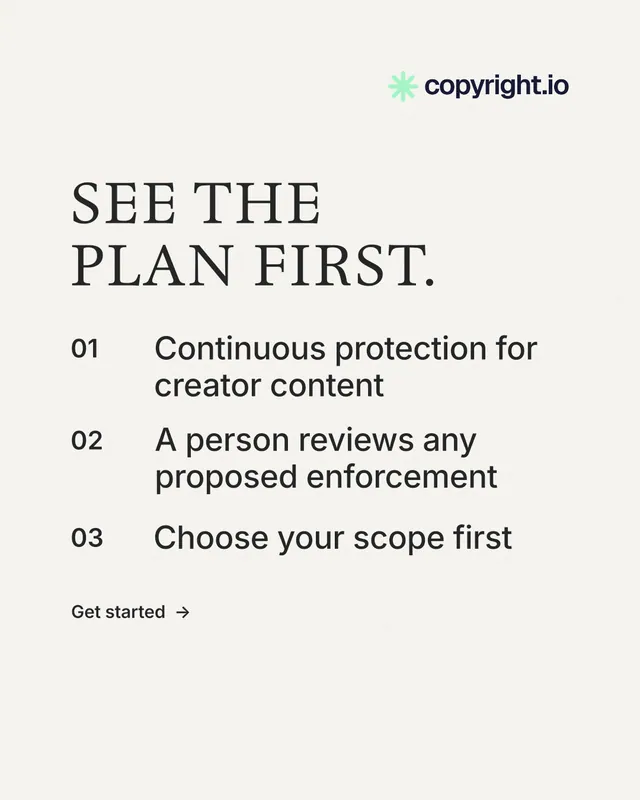 Instagram portrait post for copyright.io: "See the plan first." Minimal luxury style, numbered layout, light palette in white, grey.