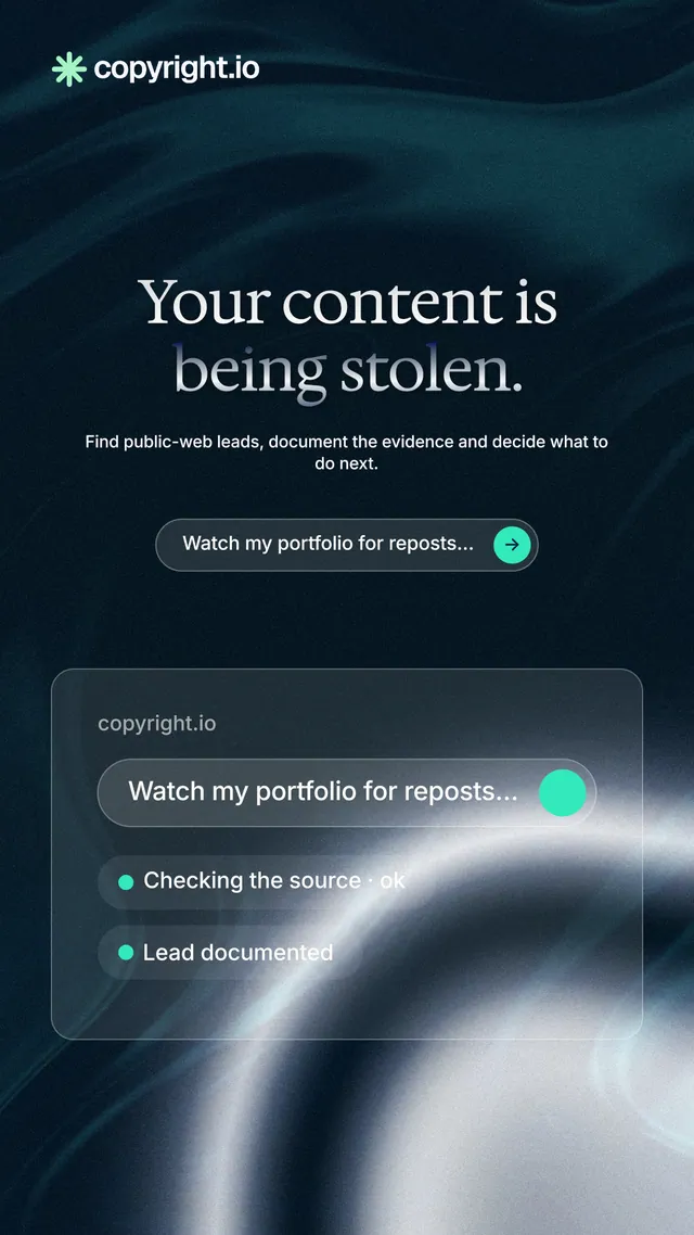 Instagram story for copyright.io: "Your content is being stolen." Agentic glass style, centred layout, dark palette in blue, black, grey.