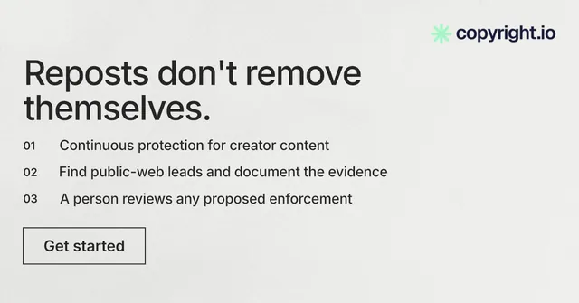 Social ad for copyright.io: "Reposts don't remove themselves." Editorial style, numbered layout, light palette in white, grey.