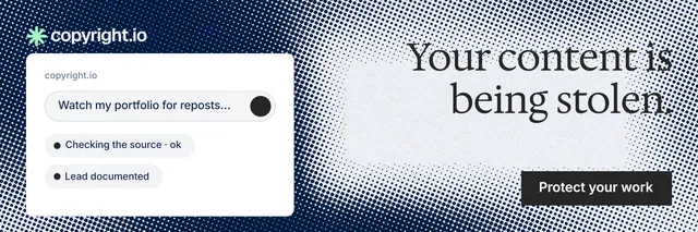 X header for copyright.io: "Your content is being stolen." Split block style, right layout, light palette in grey, blue, white.
