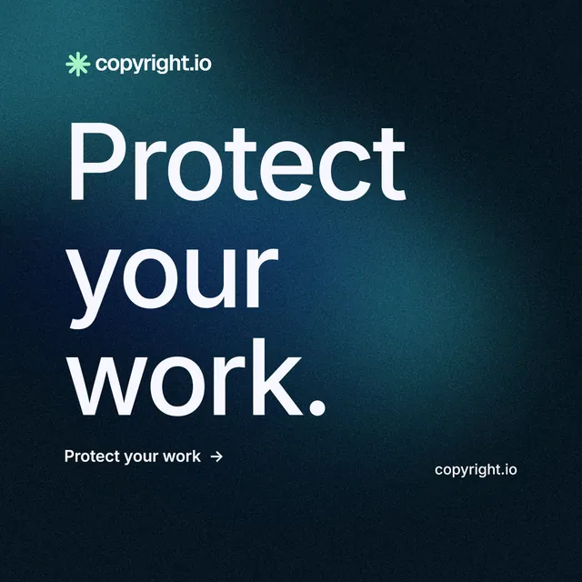 Instagram post for copyright.io: "Protect your work." Minimal luxury style, poster layout, dark palette in blue, black.