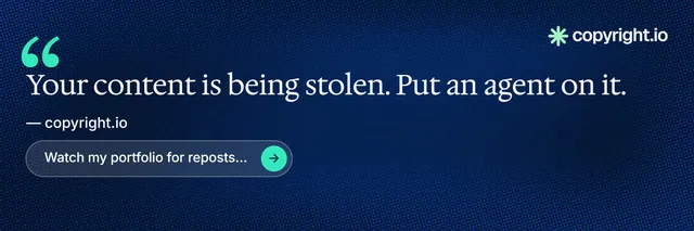 X header for copyright.io: "Protect your work." Agentic glass style, quote layout, dark palette in blue.
