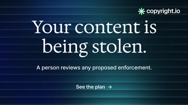 Landscape graphic for copyright.io: "Your content is being stolen." Minimal luxury style, centred layout, dark palette in black, blue, grey.