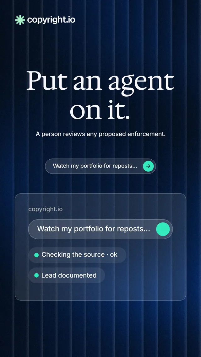 Instagram story for copyright.io: "Put an agent on it." Agentic glass style, centred layout, dark palette in blue, black.