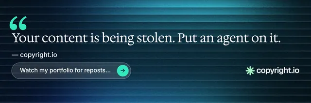 X header for copyright.io: "Your content is being stolen." Agentic glass style, quote layout, dark palette in blue, black, teal.