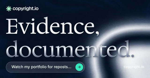 Social ad for copyright.io: "Evidence, documented." Agentic glass style, poster layout, dark palette in black, grey, blue.