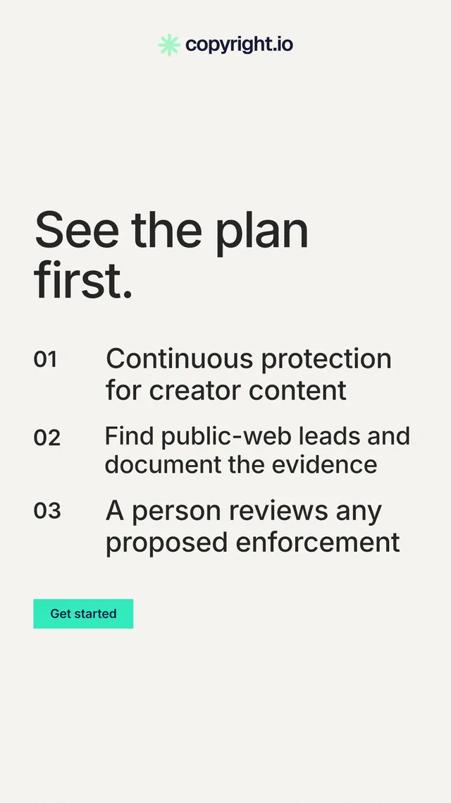Instagram story for copyright.io: "See the plan first." Swiss style, numbered layout, light palette in white, grey.