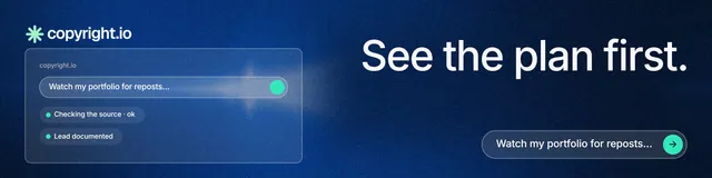 LinkedIn banner for copyright.io: "See the plan first." Agentic glass style, right layout, dark palette in black, blue.