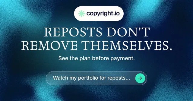 Social ad for copyright.io: "Reposts don't remove themselves." Agentic glass style, centred layout, dark palette in blue, black, teal.
