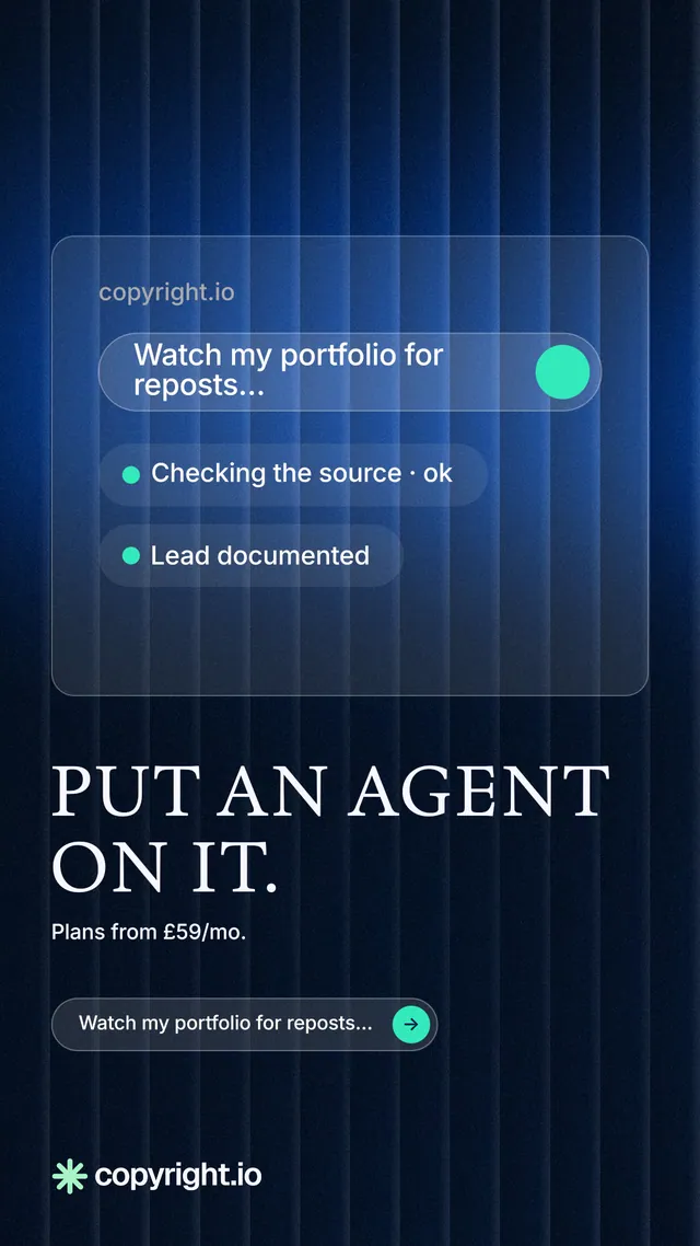Instagram story for copyright.io: "Put an agent on it." Agentic glass style, bottom layout, dark palette in blue, black.